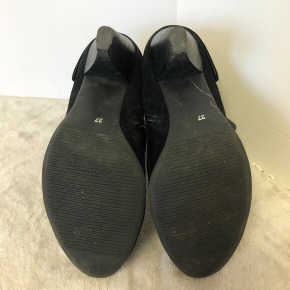 Black Suede Heeled Booties With Brown Strap and Buckle Size 37 (US 7) - Picture 9 of 13